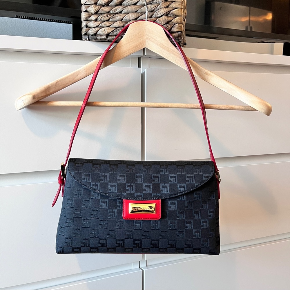 St John Black Shoulder Bag with Red Leather Trim